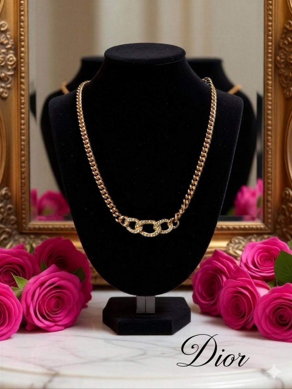 Christian Dior Vintage Gold Rhinestone Interlocking Chain Necklace ✨